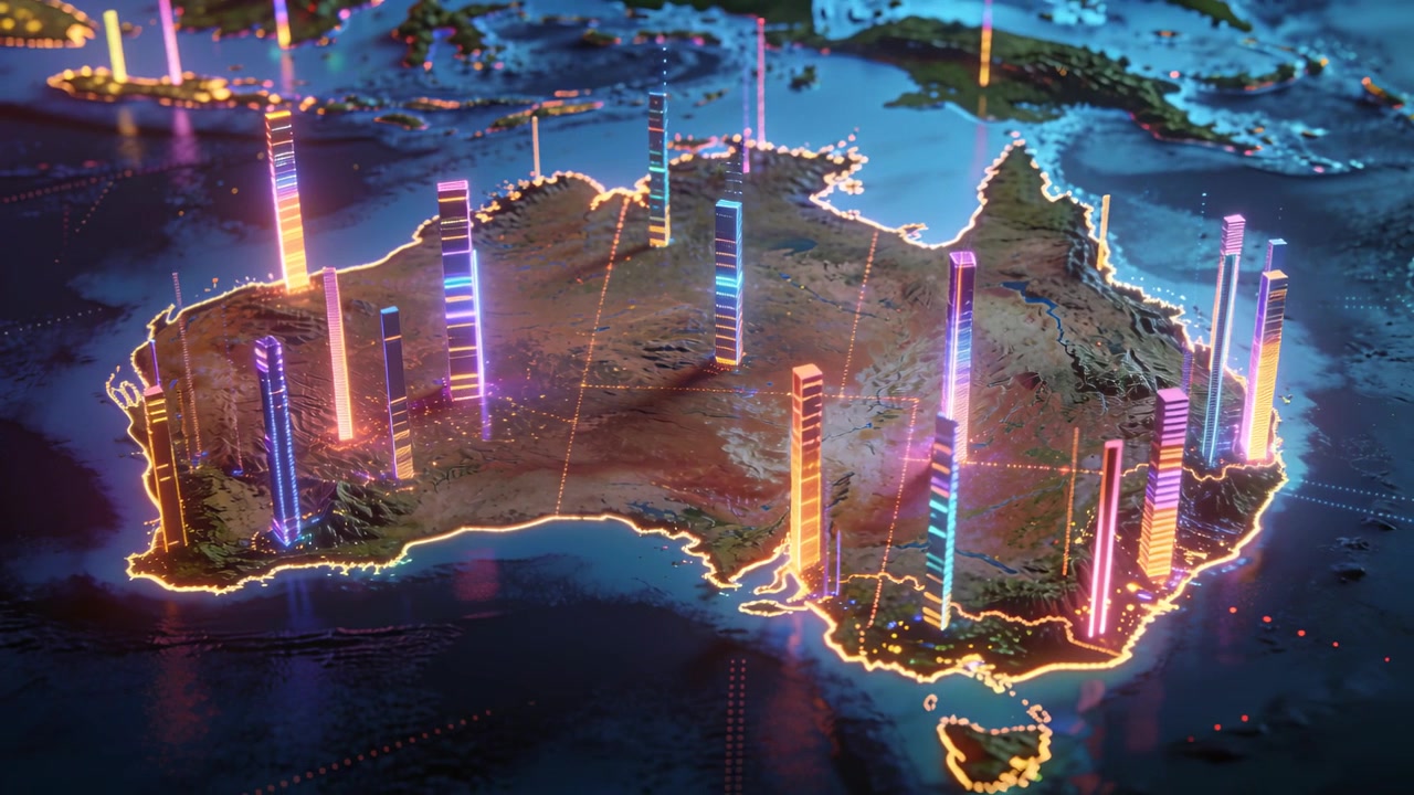 Mappa 3D animata dell'Australia che riceve un'ondata di dati, torri al neon che crescono con fasce segmentate, Tasmania