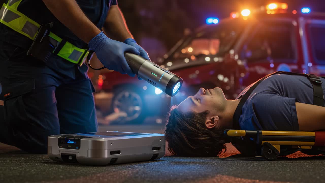Emergency Medical Personnel Attending to a Patient in Crisis Using Advanced Equipment and Flashlight Under Urban Night Lighting Conditions
