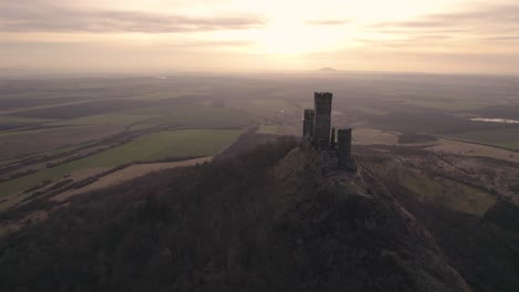 medieval evil twin towers castle from middle ages, establishing drone view