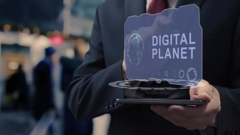 businessman uses hologram digital planet