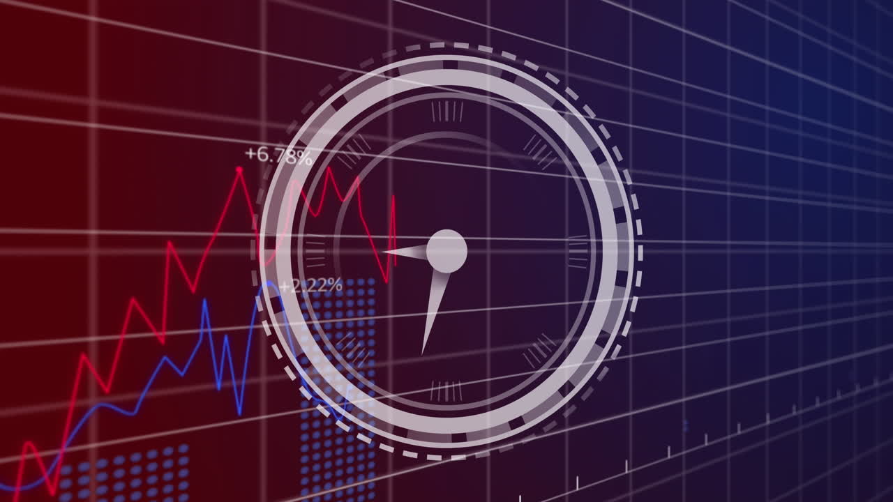 animación del reloj en el procesamiento de datos estadísticos contra un fondo de gradiente púrpura
