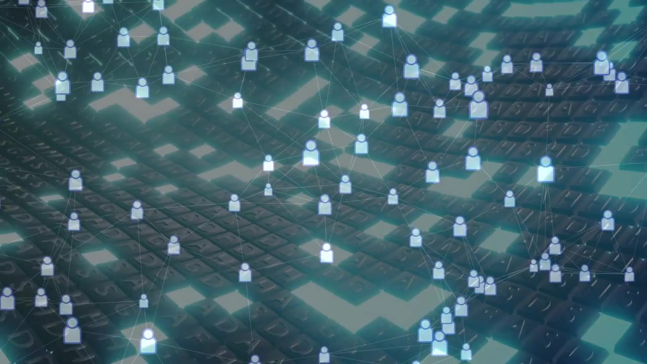 Light patches sweeping tiles, user icons growing, shifting, clustering, linking, showing network