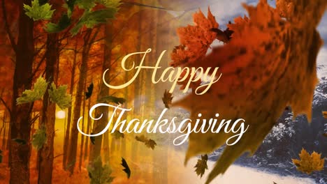 animación de texto feliz de acción de gracias y hojas de otoño que caen contra el parque y el paisaje de invierno
