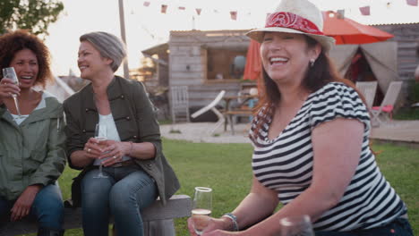 group of mature friends sitting around fire and making a toast at outdoor campsite bar