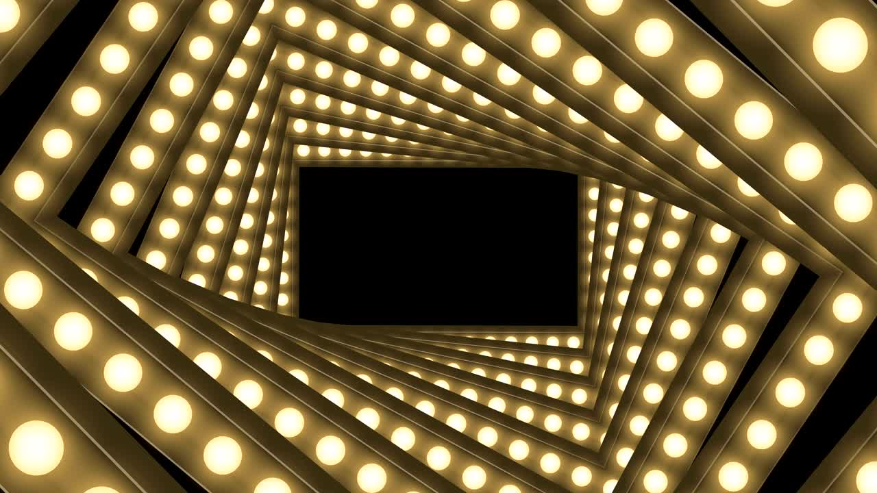 터널 불꽃 전구 상자 프레임 직사각형 모양 회전 움직이는 패턴, 레트로 3d 가상 스타일 일러스트레이션 어두운 배경에서 반이는 원활한 루핑 애니메이션 4k, 복사 공간