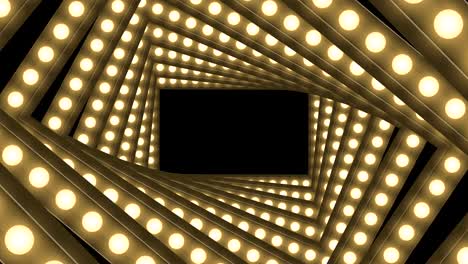 tunnel incandescent light bulb box frame rectangle shape swirl rotate moving pattern, retro 3d virtual style illustration glow in dark background seamless looping animation 4k, with copy space