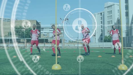 Multiple-profile-icons-pulsating-against-team-of-male-soccer-players-training-on-grass-field