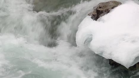 Raging-Cascades-Over-Rocks-Covered-In-Snow-In-Boise-National-Forest,-Idaho,-USA