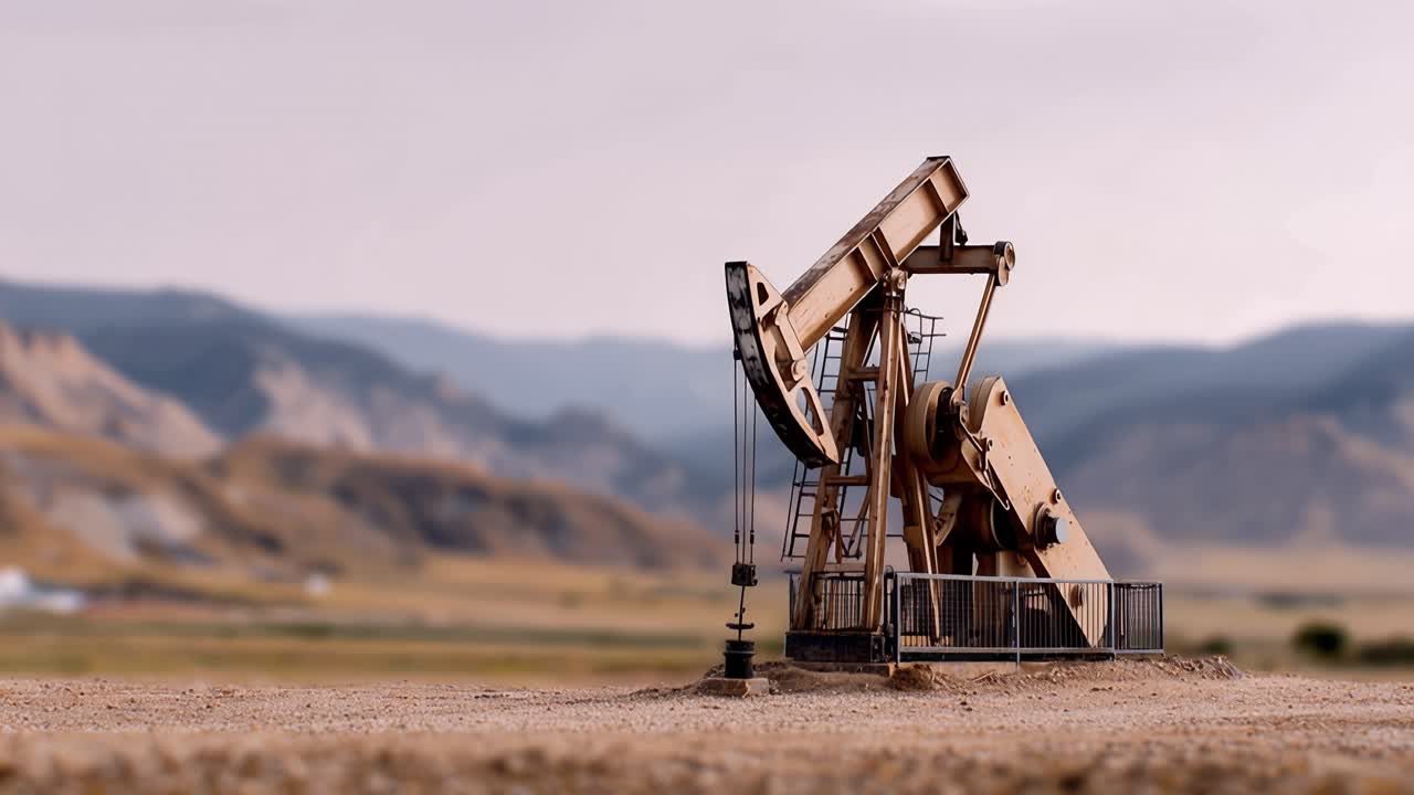 Una pompa di estrazione petrolifera industriale estrae petrolio greggio dalla terra, mostrando i meccanismi della perforazione petrolifera in un pittoresco paesaggio esterno con colline ondulate.