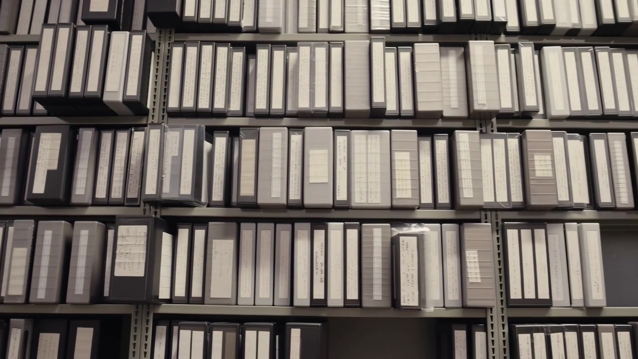 Rows Of Archival Binders Lining Shelves, Endless Grid Of Labeled Spines On Metal Racks, Muted Sepia Tones,