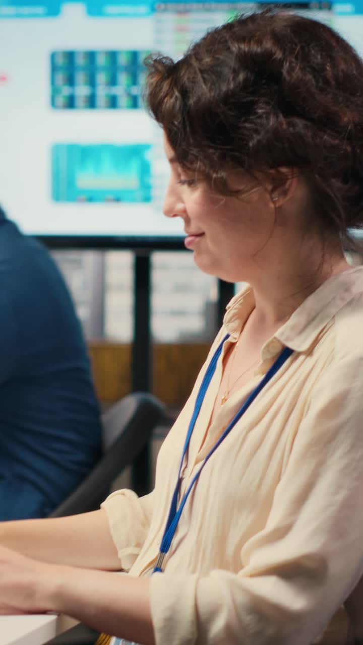 Vertical Video Cheerful businesswoman being proud of good infographics with AI tools