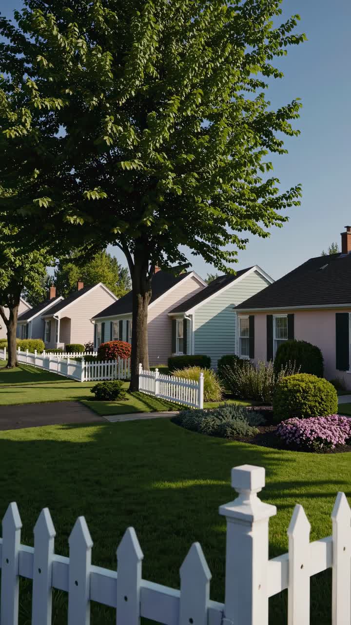A picturesque suburban street with colorful houses and lush greenery, captured from a low angle