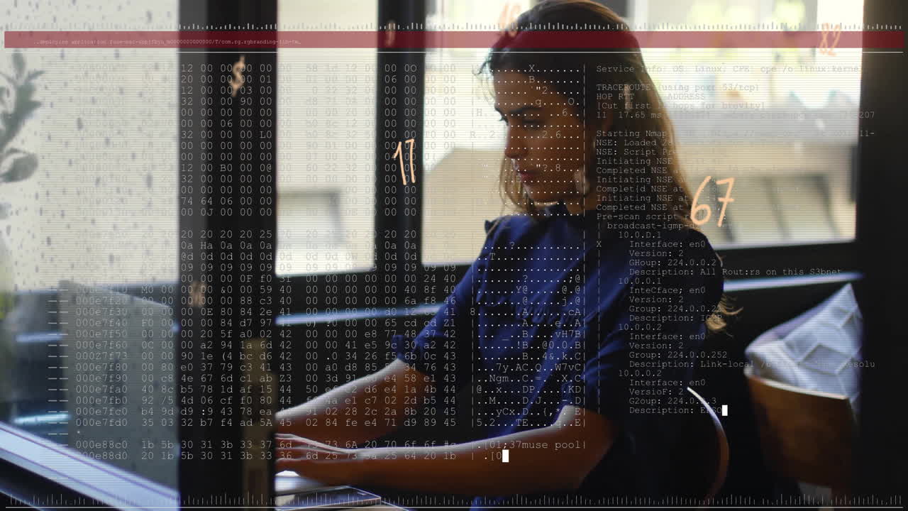 Animation of financial data processing over caucasian businesswoman using laptop