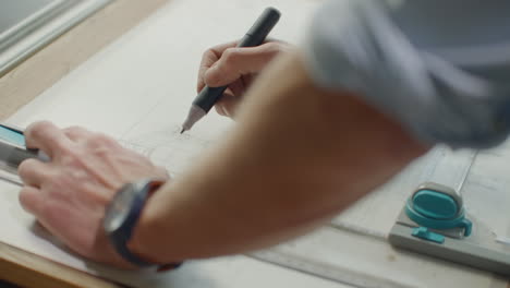 close up of architect hands making house blueprint in the office near window. concept: architecture blueprint house paper work