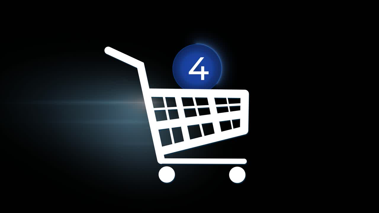 Animation of shopping cart with increasing items on a black background. E-commerce concept. Alpha channel included