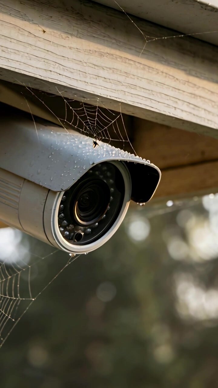 Vertical video: Capturing spider sitting on dewy web on bullet camera under eave as light shifting