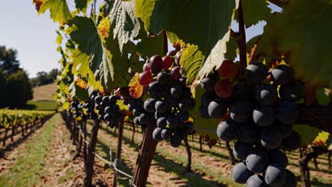 Close-up video of grapes on a vine, captured from a low angle, showcasing vibrant colors and a sunny