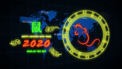 animation of chinese new year text and symbol over numbers processing and world map