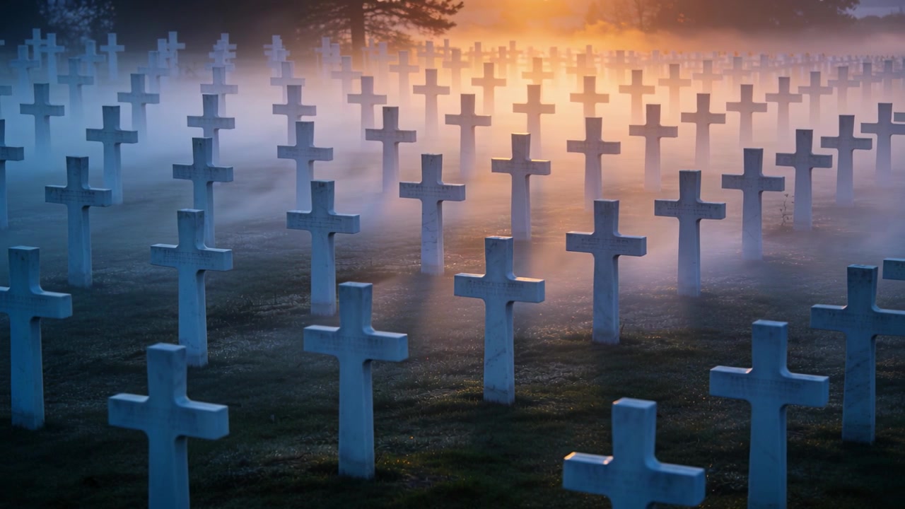 Croci di pietra bianca si muovono attraverso un campo verso l'orizzonte luminoso di un cimitero, mostrando nebbia e una linea di alberi