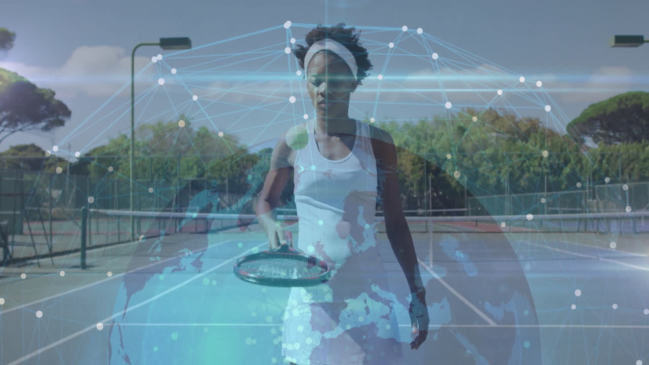 Female tennis player swinging racket, balancing ball, showcasing digital network overlay technology