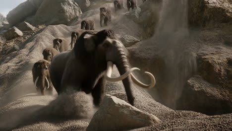 a herd of mammoths climbing a dusty, rocky slope