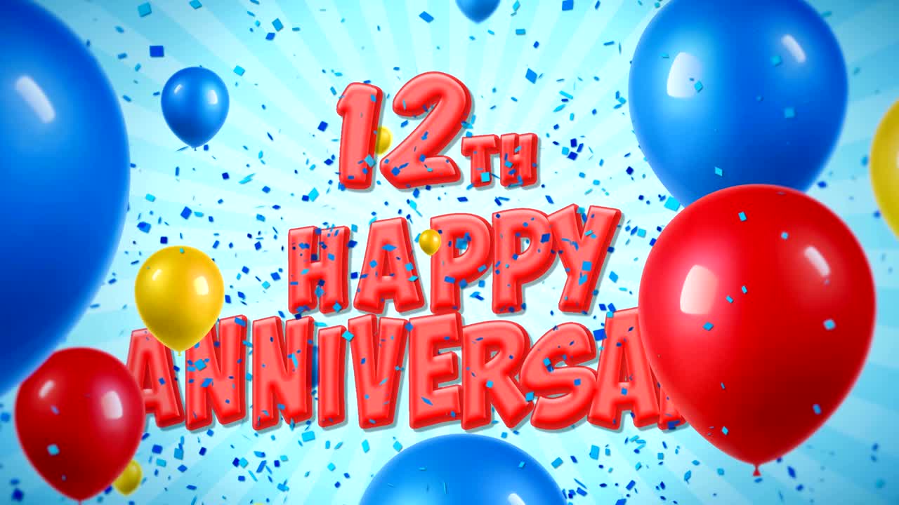 12th Happy Anniversary Red Text Appears on Confetti Popper Explosions Falling and Glitter Particles, Colorful Flying Balloons Seamless Loop Animation for Wishes Greeting, Party, Invitation, card.