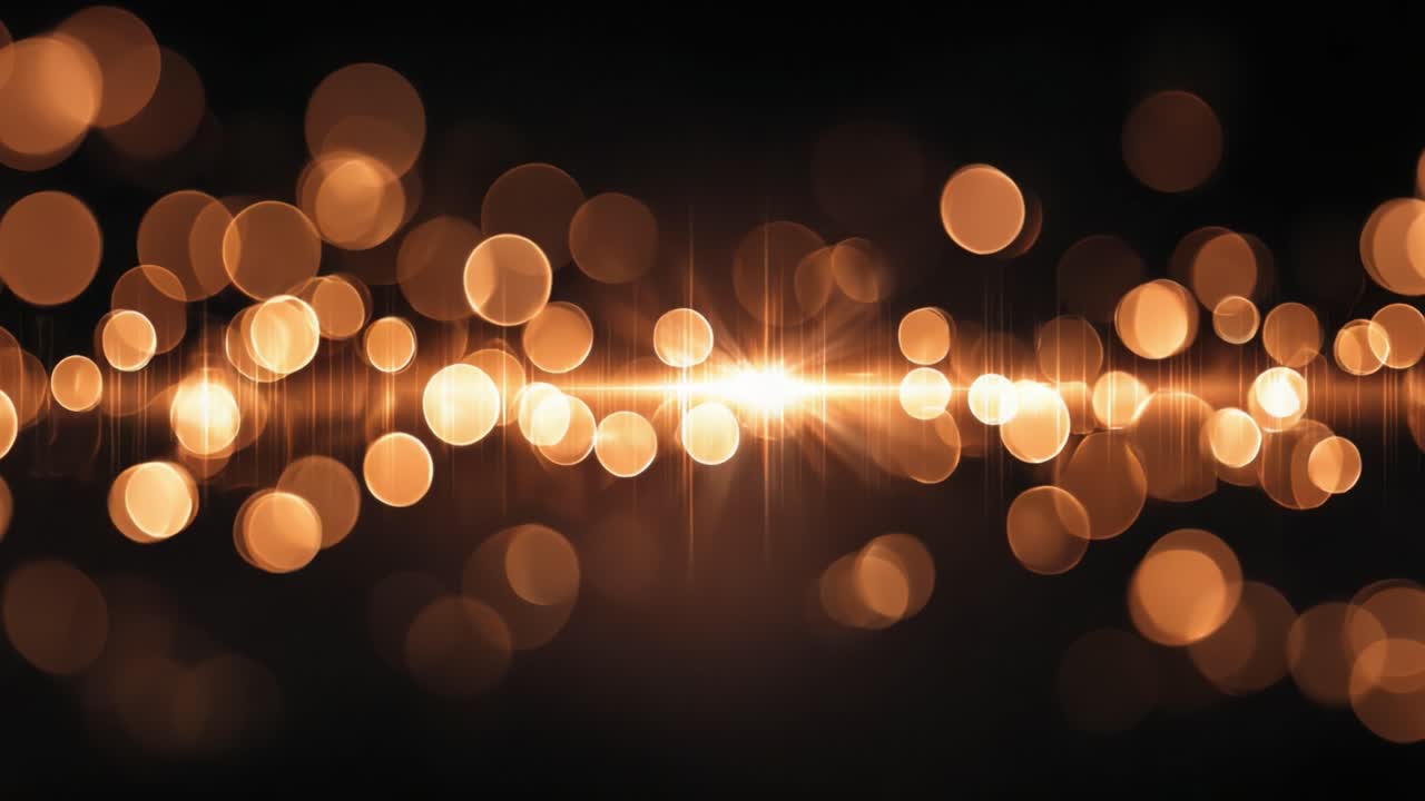 Een boeiende weergave van gouden bokeh-effecten, met dynamische lichtpatronen en levendige kleuren, tegen een donkere achtergrond, wat een betoverende sfeer creëert