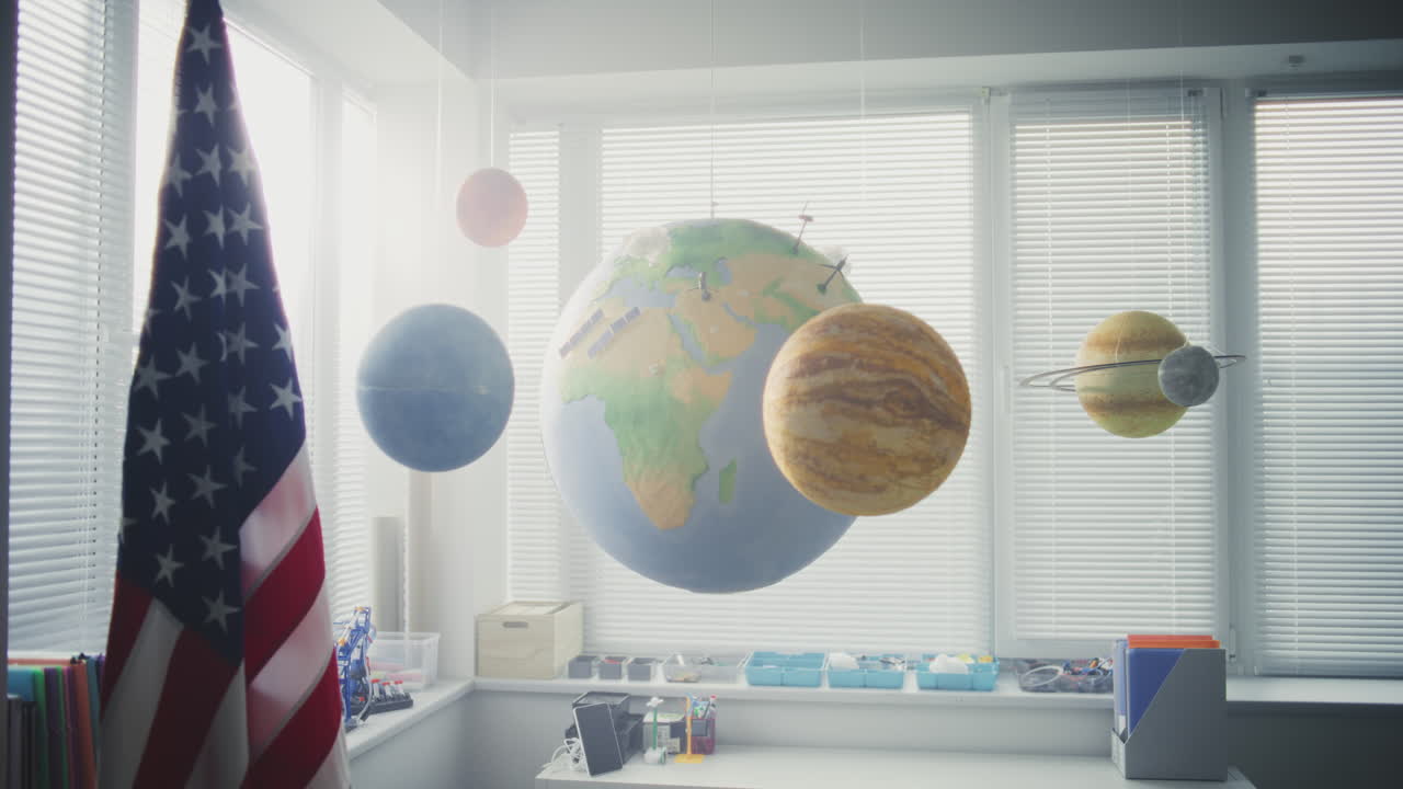 American Primary School Interior of Modern Empty Classroom with Desks for Students