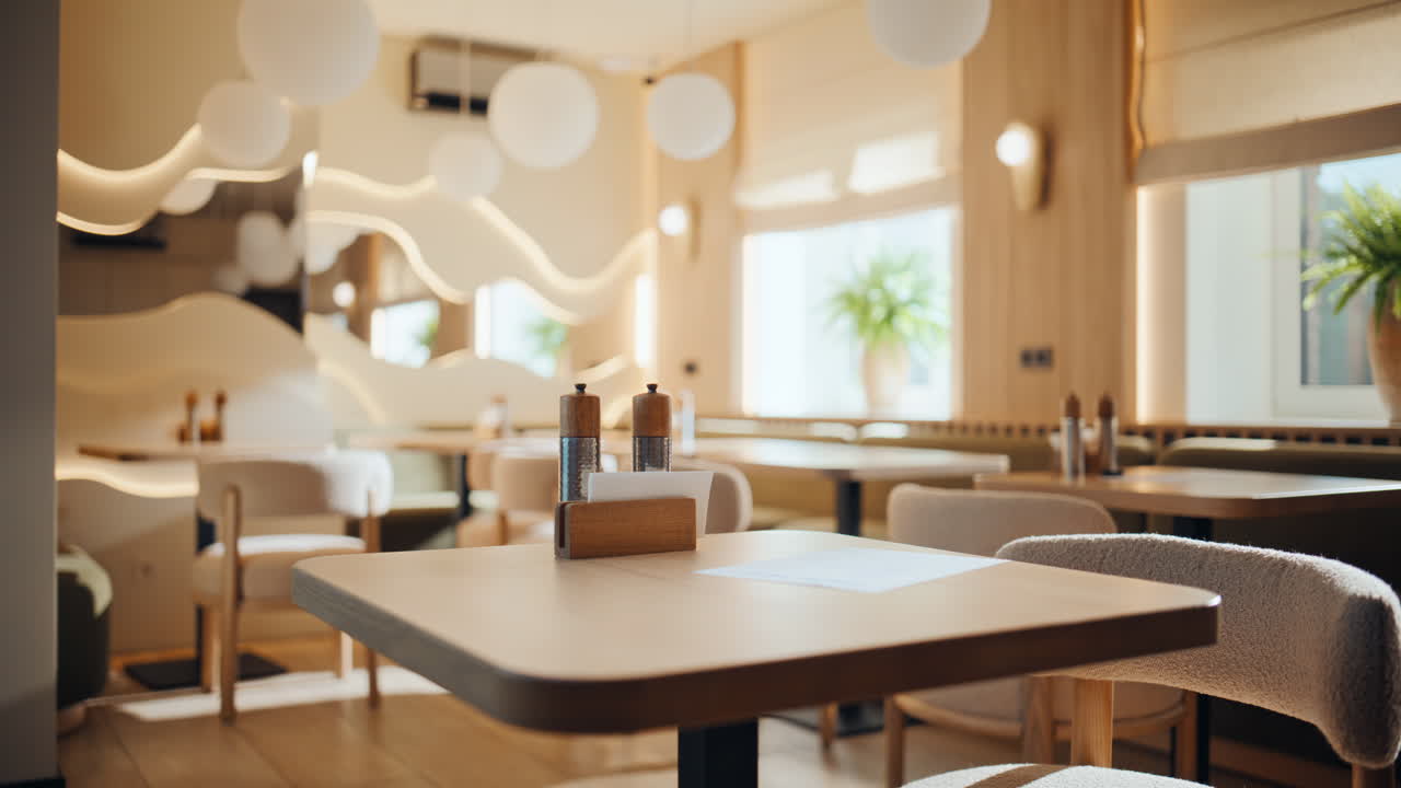 Tavoli accoglienti e moderni in un ristorante sotto lampade originali a luce calda. Interni di un bar