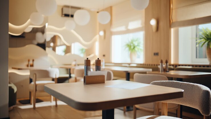 Tavoli accoglienti e moderni in un ristorante sotto lampade originali a luce calda. Interni di un bar