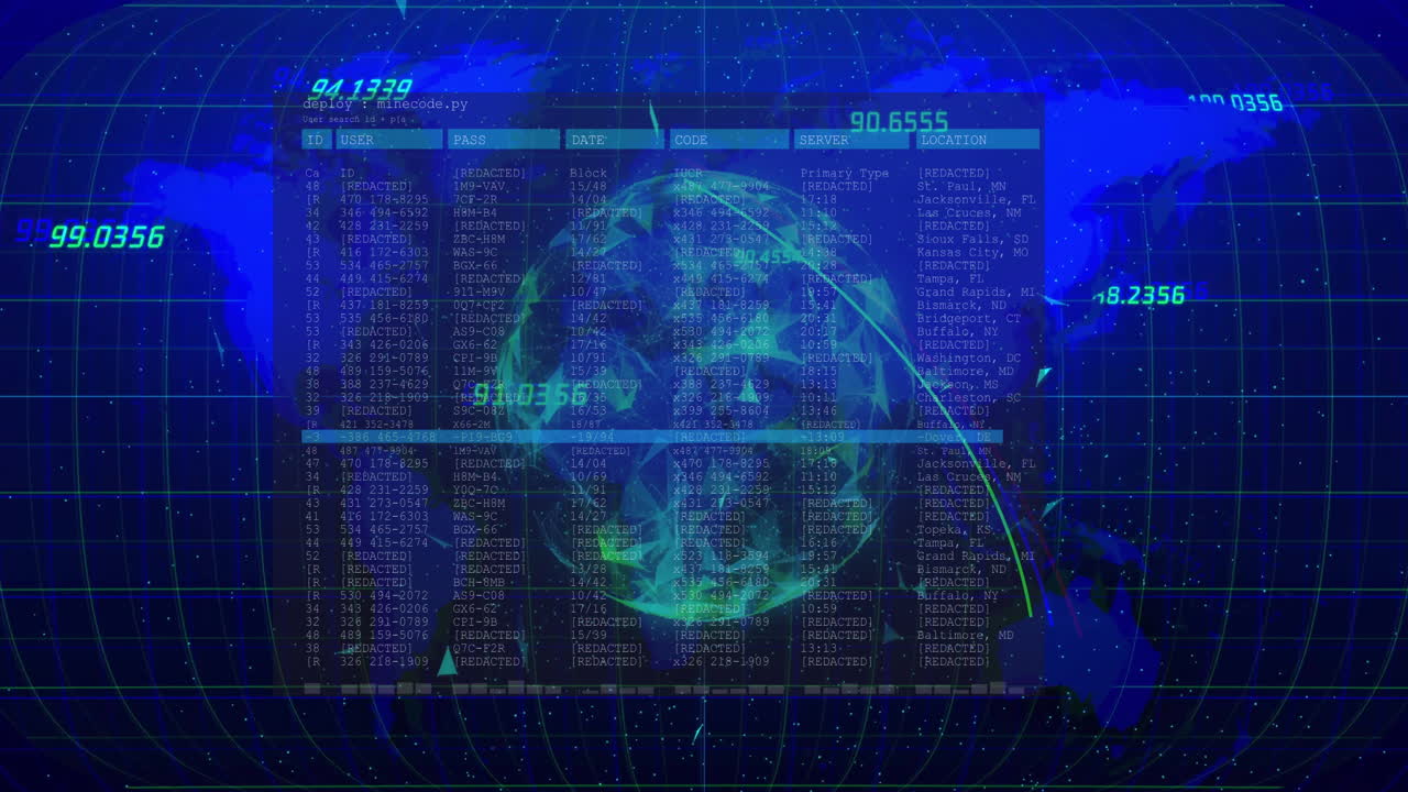 Semi-transparent panel displaying credential columns overlaying dark blue map with green readouts