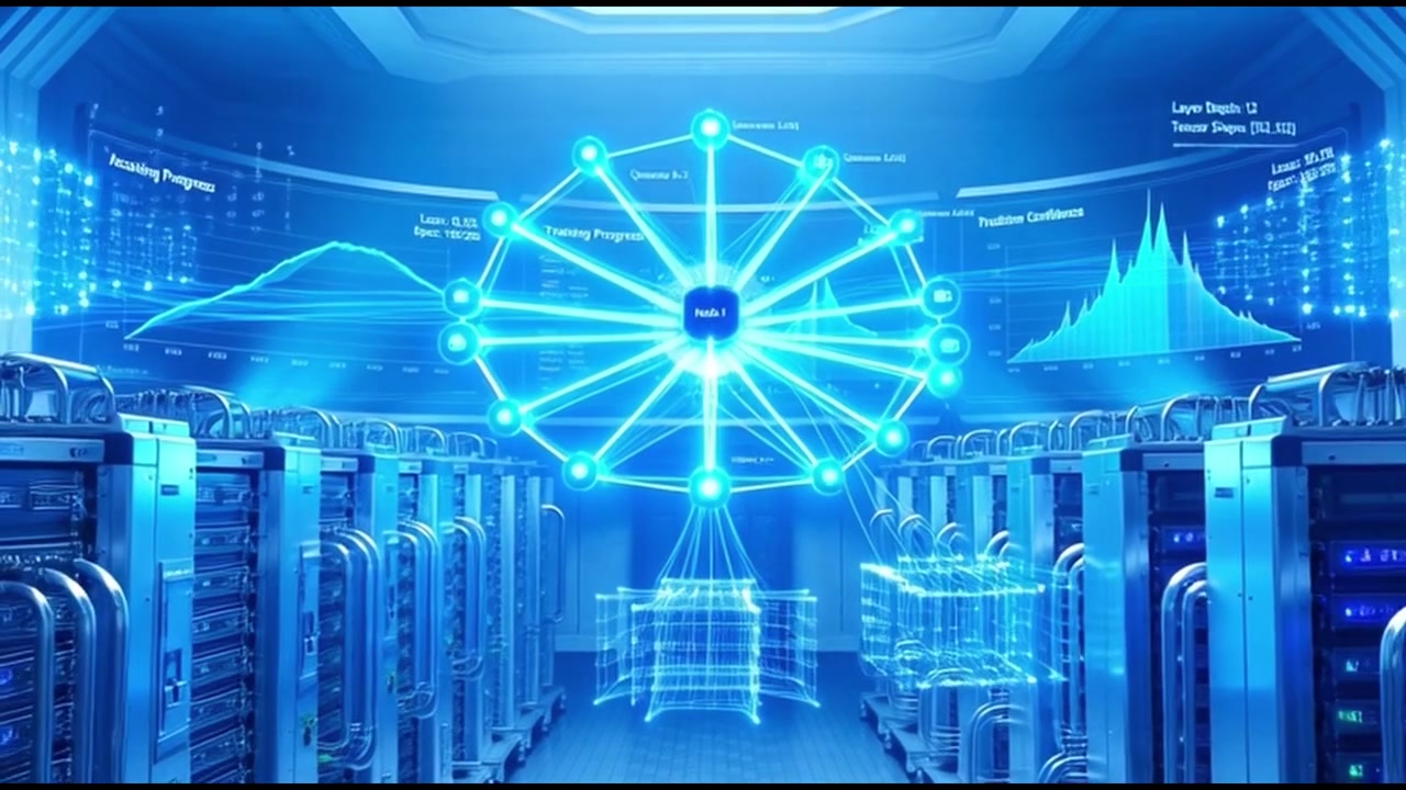 Digital Neural Network Visualization in a Futuristic Server Room