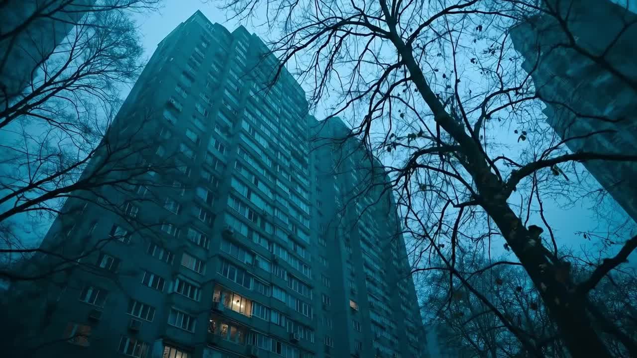 Un edificio alto nel mezzo di una città nebbiosa di notte