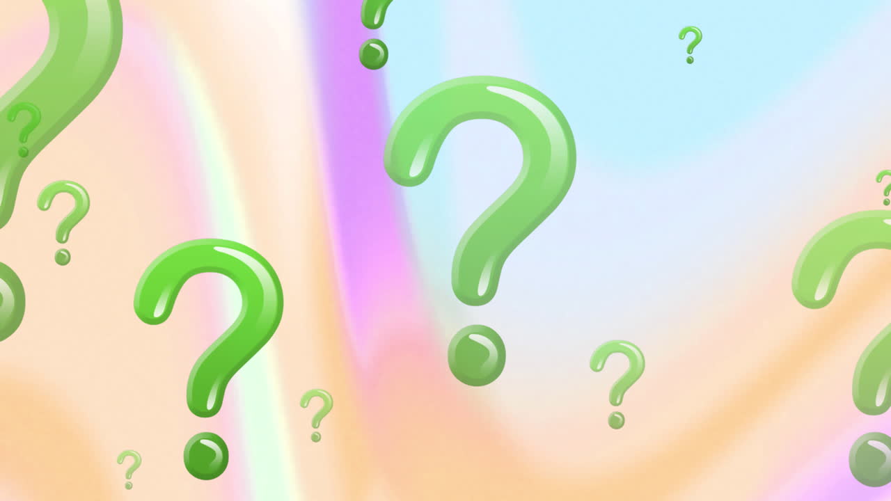 Animation of green question marks over pastel background