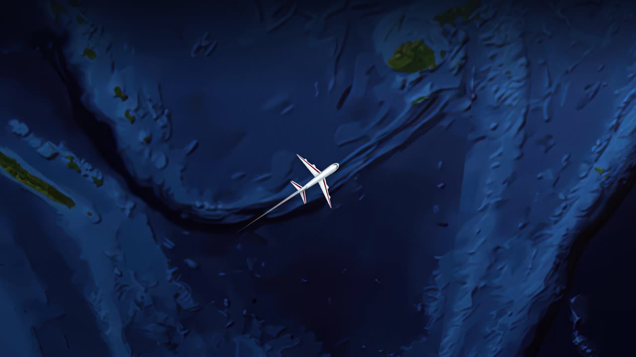 Et passagerfly flyver hen over et verdenskort fra Sydney, Australien til New York City.