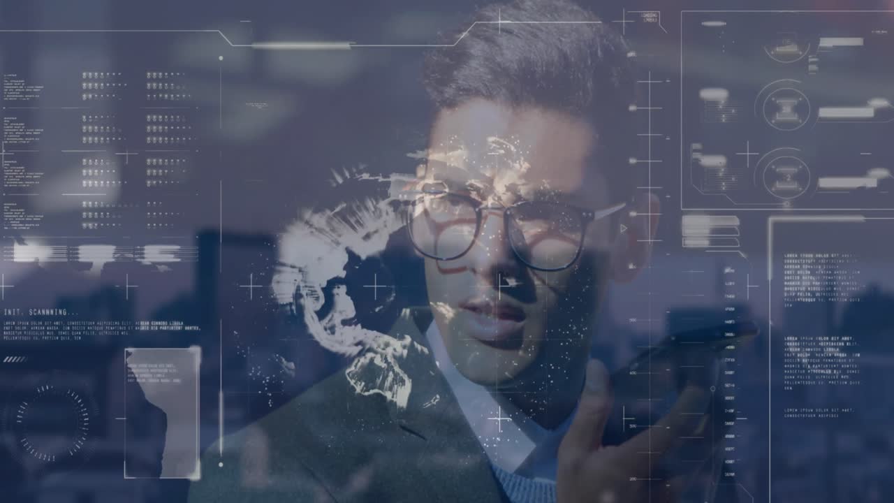 Animation of interface with data processing over biracial businessman talking on smartphone