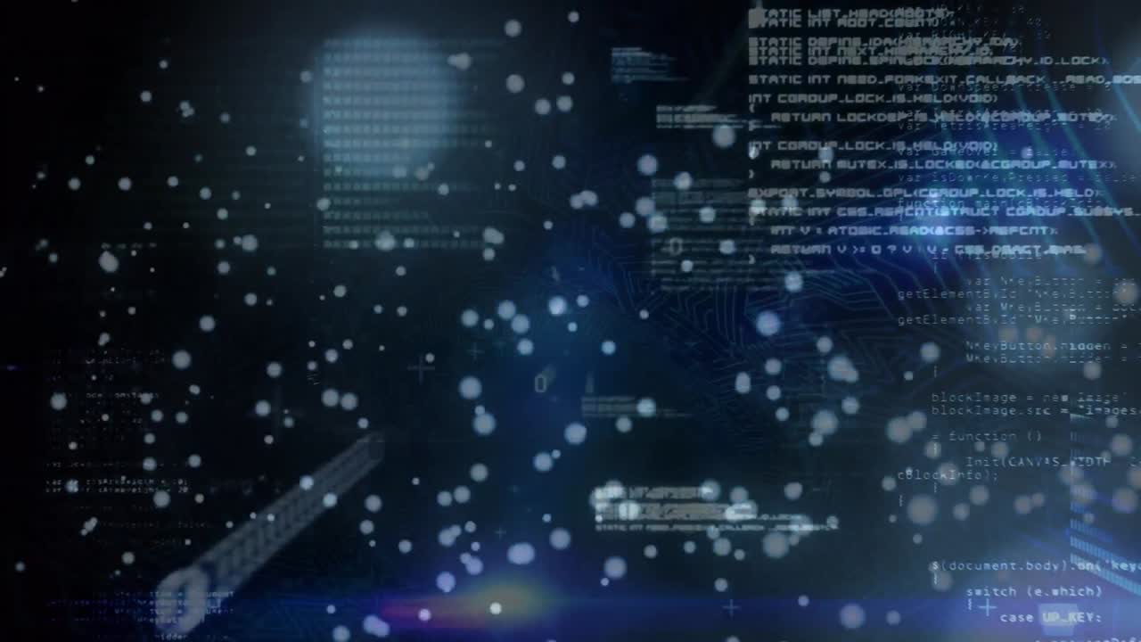 Animation of dots flying and looping binary codes with programming language on abstract