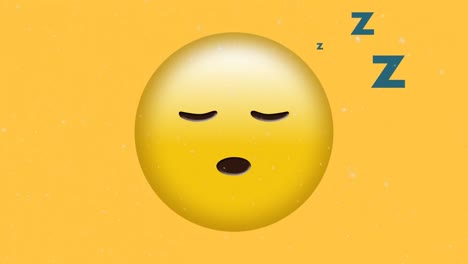 Digitale-Animation-Von-Weißen-Partikeln,-Die-über-Schlafendes-Gesichts-Emoji-Auf-Gelbem-Hintergrund-Fallen