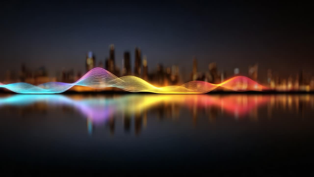 Dynamic Waveforms Representing Sound and Light Reflecting Against a City Skyline in a Vibrant Night Scene