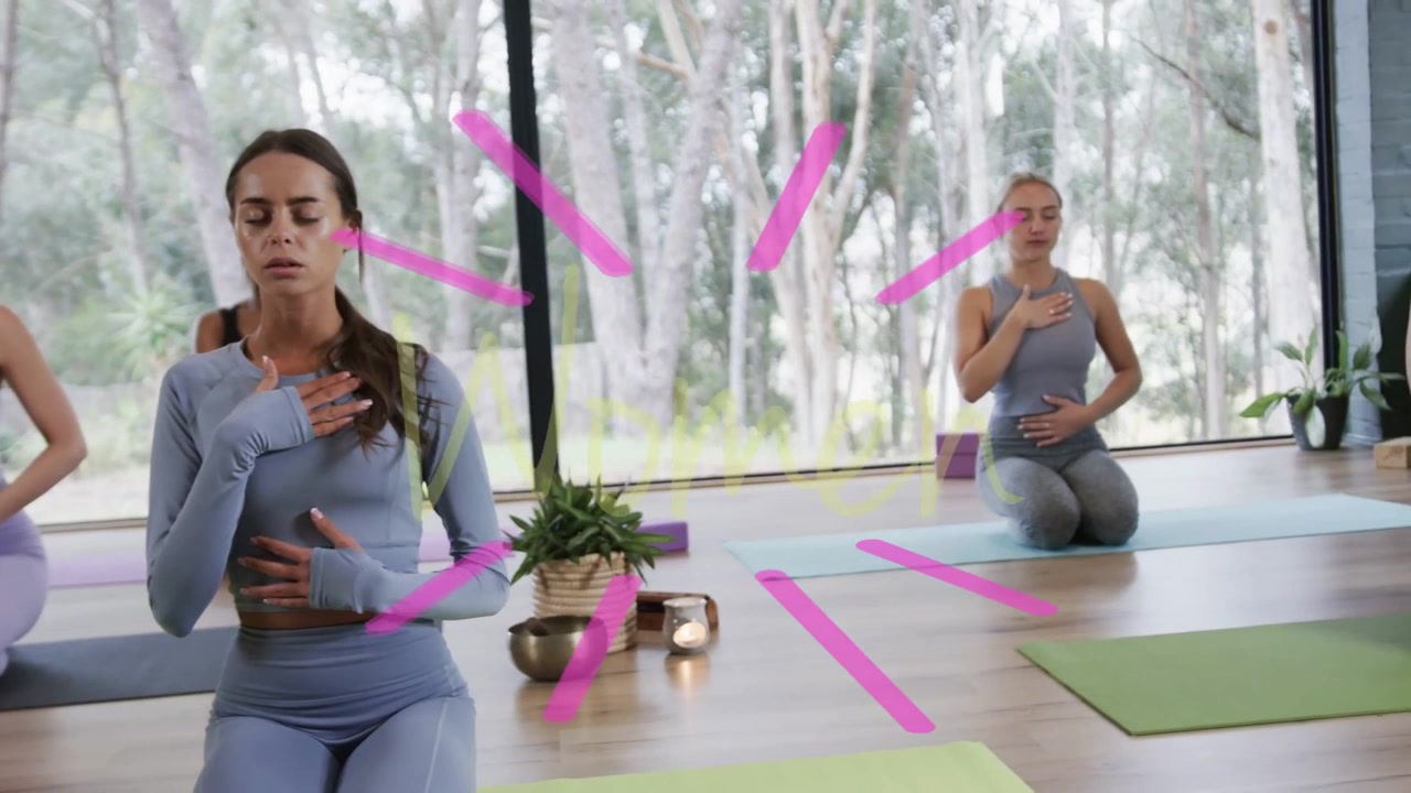 Donna istruttrice che guida la respirazione yoga, indicando alla classe di inginocchiarsi sui tappetini, con donne animate in sovrapposizione