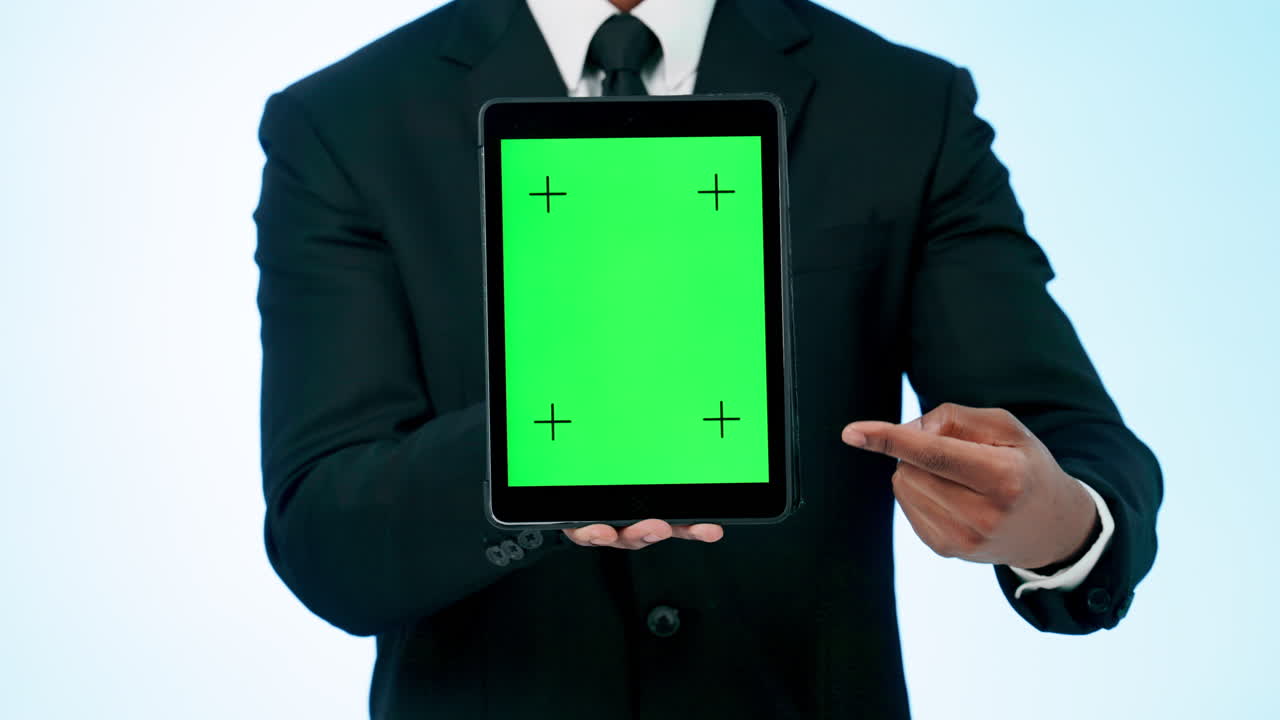 Businessman, hands and pointing to tablet green