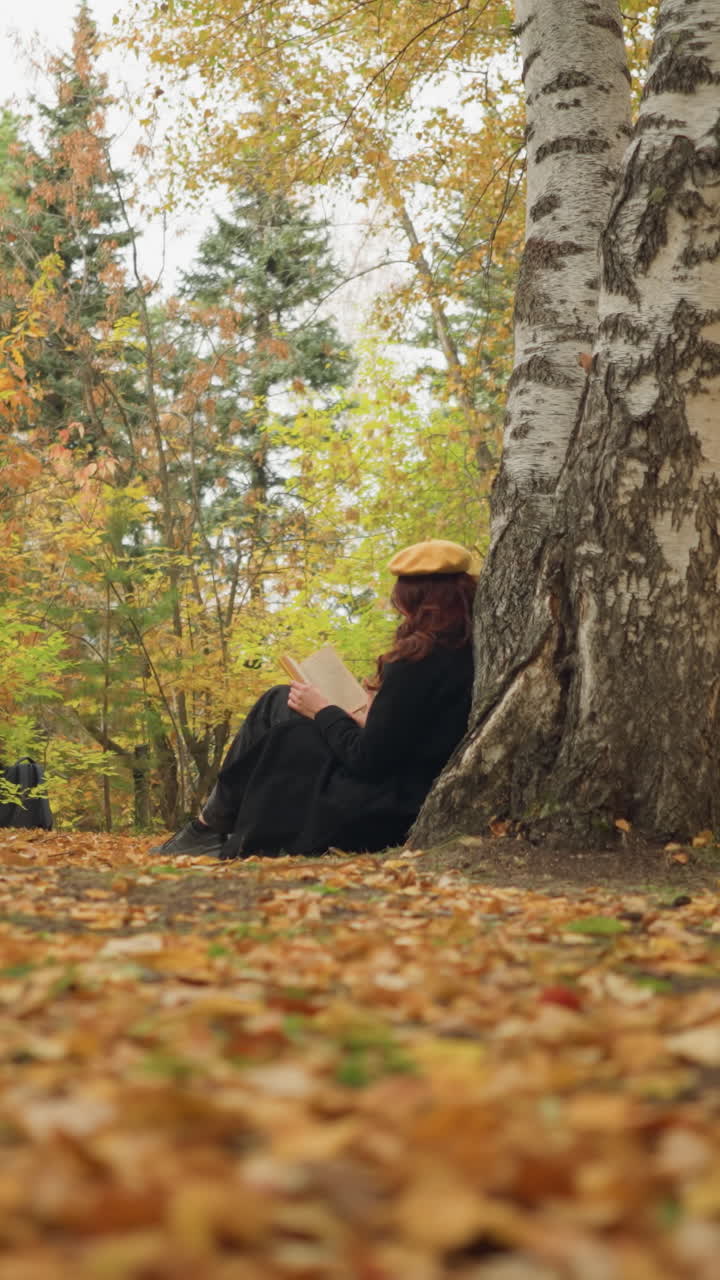 혼자서 책을 즐기는 소설가, 목에 노란 베레트 스카프를 달고, 아름다운 가을 공원에서 책에 깊이 집중, 황금 잎과 버드 나무로 둘러싸여