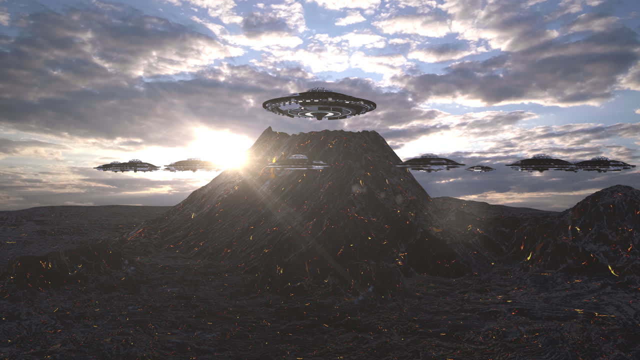 해가 지면 화산 위 에 있는 u.f.o.s.