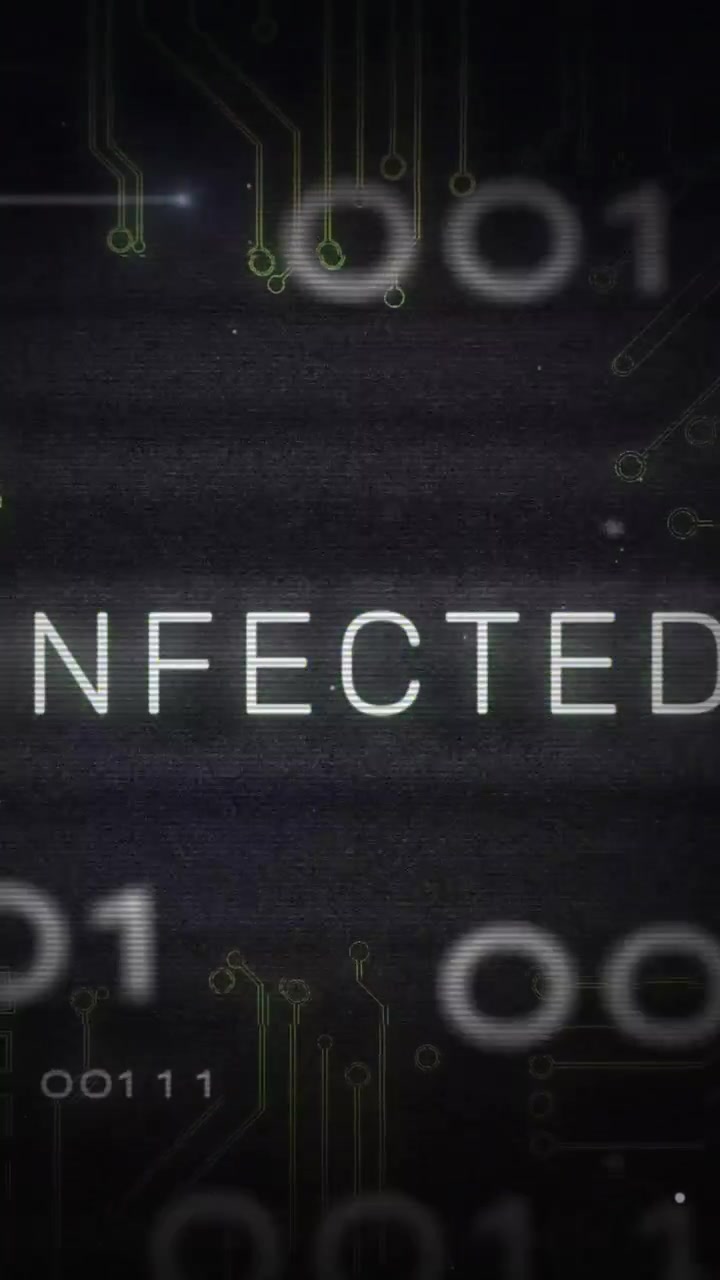 Animation of infected text with data processing on black background