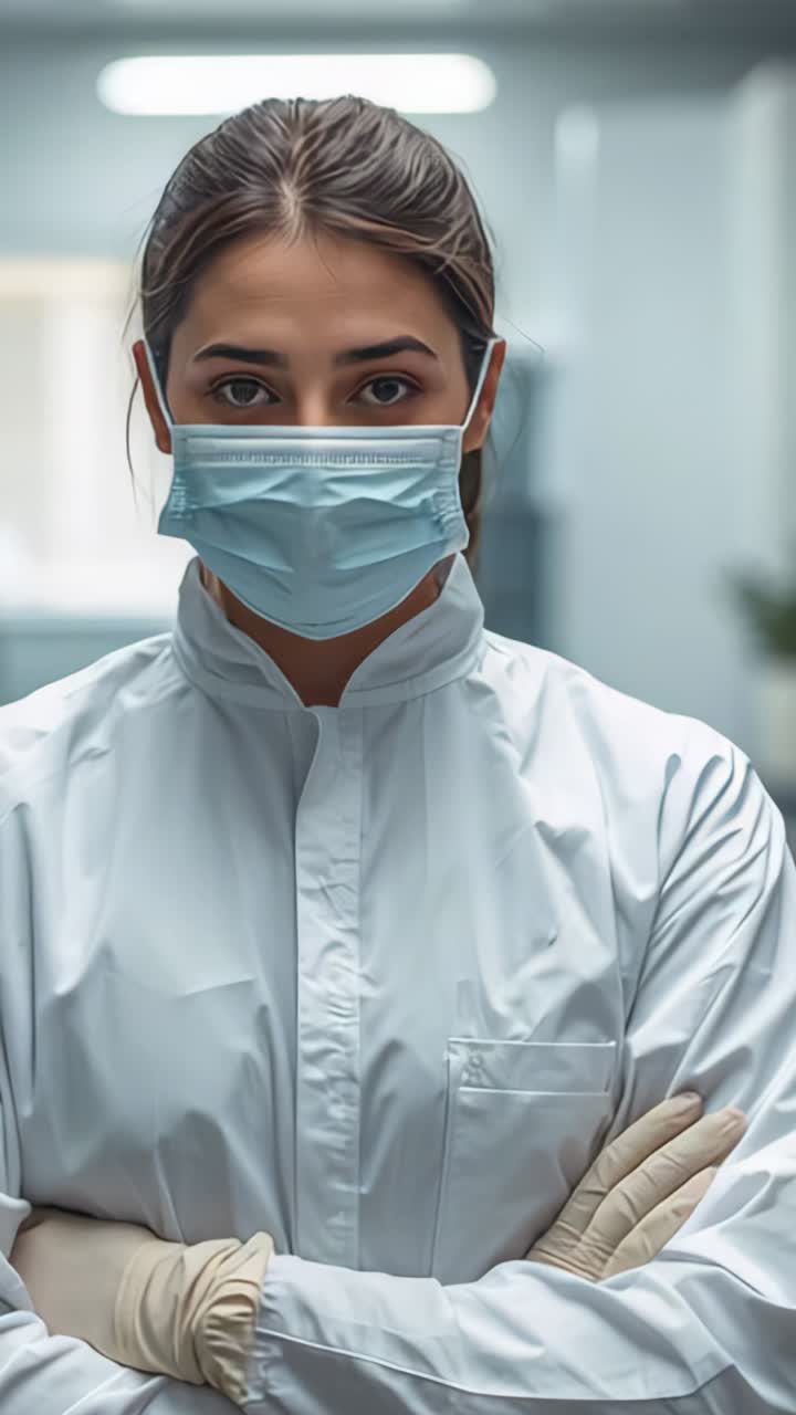 Vertical video: Zooming camera focusing on doctor in hospital corridor, wearing coat, mask, gloves