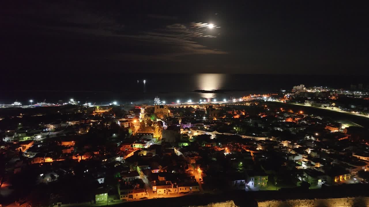 Turkish Republic of Northern Cyprus Famagusta Night Aerial Drone Shooting