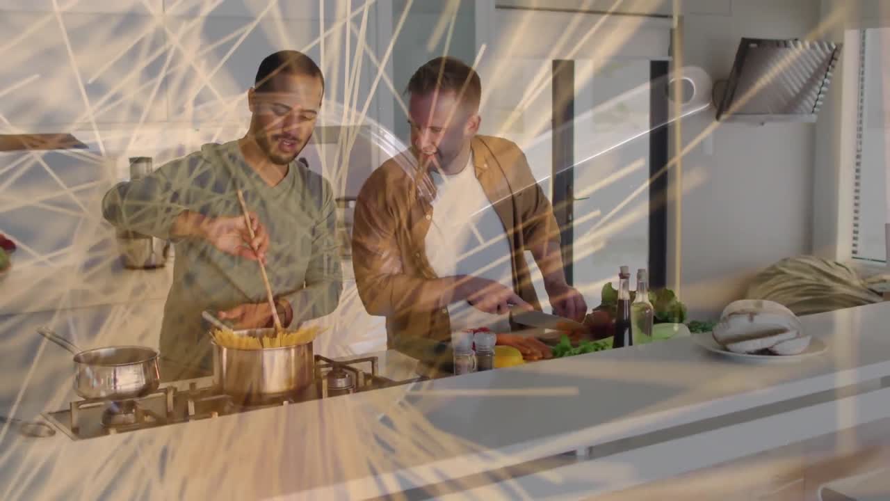 다양한 남성 커플이 부에서 저녁 식사를 하는 파스타의 애니메이션