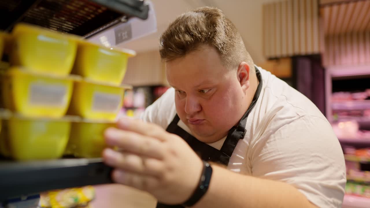 un trabajador de supermercado masculino con sobrepeso en una camiseta blanca y un delantal negro coloca diligentemente las comestibles en el estante