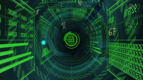 Animation of data processing over shapes on black background