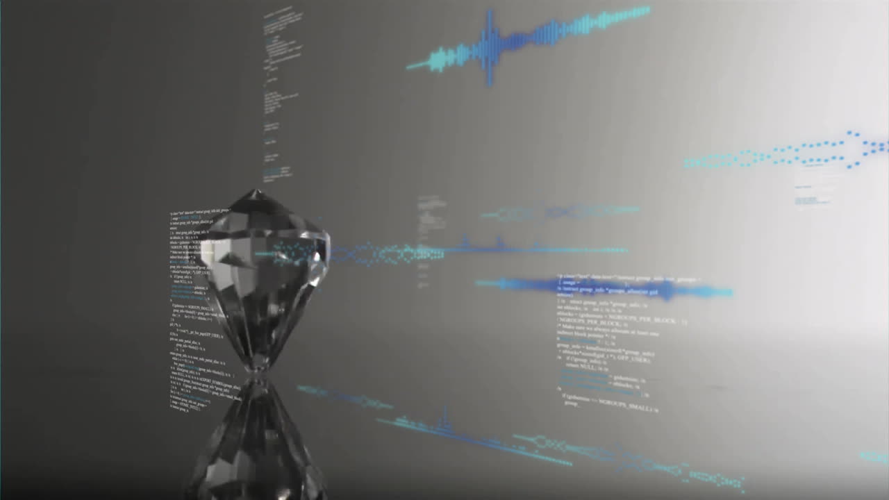 Animation of computer language, soundwaves over rotating diamond on surface